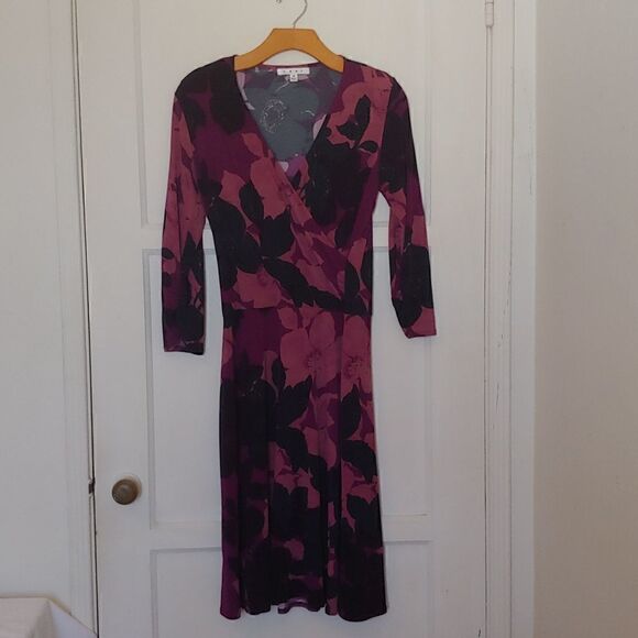 CAbi Floral Faux Wrap Midi Dress Black Shadow 3/4 sleeve Size M - Picture 1 of 8